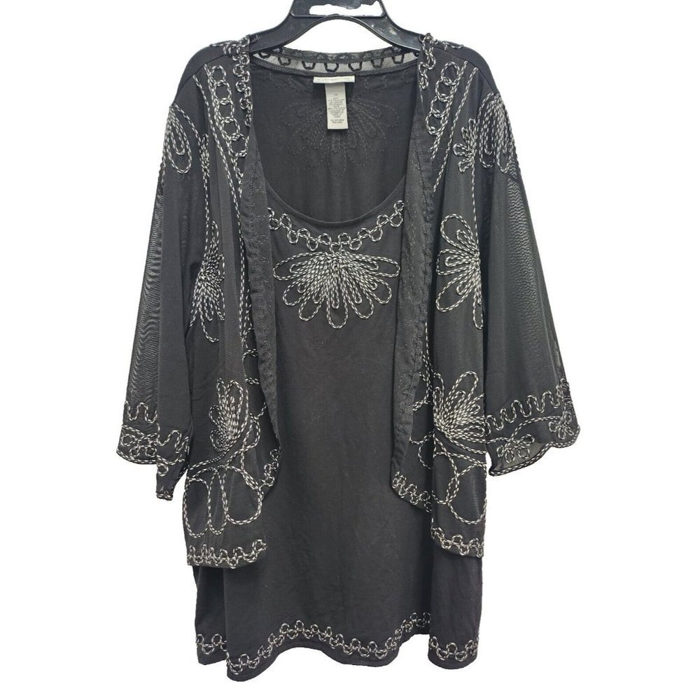 Catherines Womens Black Embroidered Tunic Top Size 1X Mesh Contrast Layered